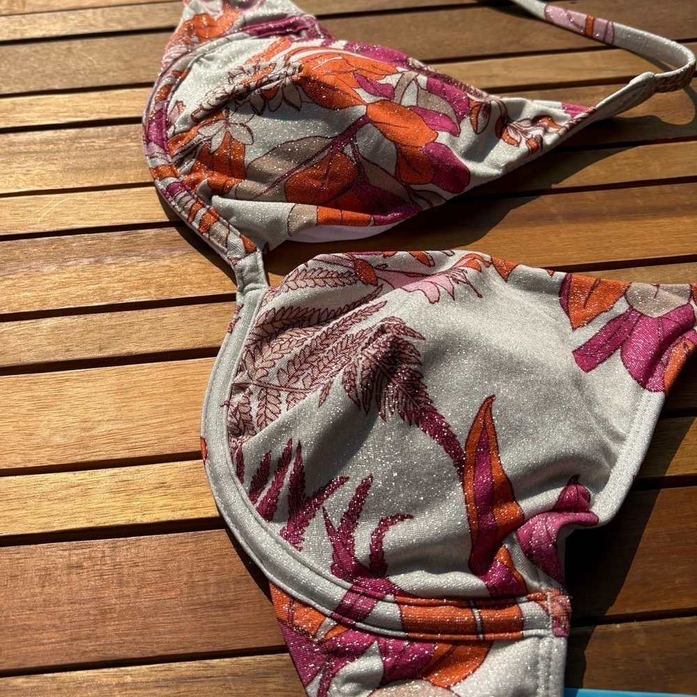 SMALL NWT Cupshe Floral Bird of Paradise glitter pink orange cream Bikini swim - Picture 3 of 7
